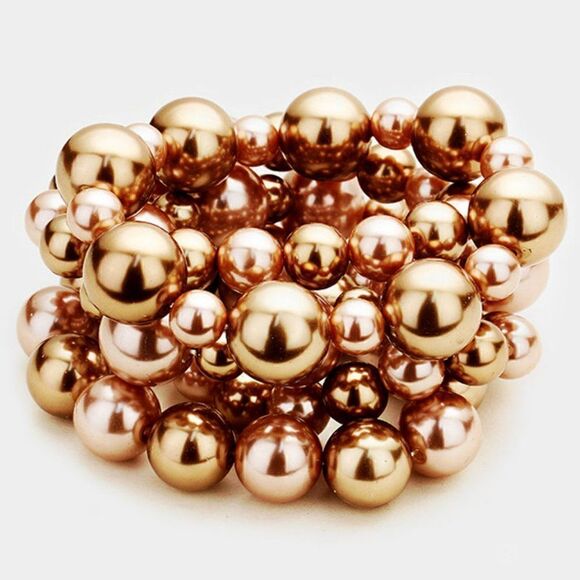 5 Piece Chunky Brown Pearl Stretch Layered Bracelets - Picture 3 of 6
